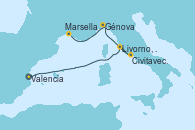 Visitando Valencia, Livorno, Pisa y Florencia (Italia), Civitavecchia (Roma), Génova (Italia), Marsella (Francia)