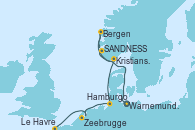 Visitando Warnemunde (Alemania), SANDNESS (STAVANGER), Bergen (Noruega), Kristiansand (Noruega), Hamburgo (Alemania), Zeebrugge (Bruselas), Le Havre (Francia)