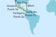 Visitando San Diego (California/EEUU), Puerto Vallarta (México), Huatulco (México), Puerto Chiapas (México), Puerto Quetzal (Guatemala), Fuerte Amador (Panamá), Fuerte Amador (Panamá), Cartagena de Indias (Colombia), Miami (Florida/EEUU)