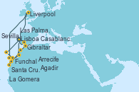 Visitando Lisboa (Portugal), Funchal (Madeira), Funchal (Madeira), Santa Cruz de Tenerife (España), La Gomera (Islas Canarias/España), Liverpool (Reino Unido), Las Palmas de Gran Canaria (España), Arrecife (Lanzarote/España), Agadir (Marruecos), Casablanca (Marruecos), Gibraltar (Inglaterra), Sevilla (España), Sevilla (España), Sevilla (España), Lisboa (Portugal)
