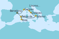 Visitando Barcelona, Ibiza (España), Palma de Mallorca (España), Salerno (Italia), Civitavecchia (Roma), Livorno, Pisa y Florencia (Italia), Livorno, Pisa y Florencia (Italia), Cannes (Francia), Barcelona