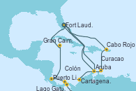 Visitando Fort Lauderdale (Florida/EEUU), Aruba (Antillas), Cartagena de Indias (Colombia), Lago Gatun (Panamá), Colón (Panamá), Puerto Limón (Costa Rica), Gran Caimán (Islas Caimán), Fort Lauderdale (Florida/EEUU), Cabo Rojo, Curacao (Antillas), Aruba (Antillas), Fort Lauderdale (Florida/EEUU)