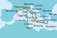 Visitando Niza (Francia), Elba (Portoferraio/Italia), Puerto Vecchio (Córcega), Cagliari (Cerdeña), La Goulette (Tunez), La Valletta (Malta), Mgarr (Malta), Siracusa (Sicilia), Messina (Sicilia), Heraklion (Creta), Santorini (Grecia), Atenas (Grecia), Cesme (Turquía), Heraklion (Creta), Catania (Sicilia), Sorrento (Nápoles/Italia), Civitavecchia (Roma), Livorno, Pisa y Florencia (Italia), Niza (Francia), Marsella (Francia), Palamos (Gerona/España), Barcelona
