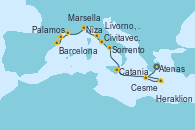 Visitando Atenas (Grecia), Cesme (Turquía), Heraklion (Creta), Catania (Sicilia), Sorrento (Nápoles/Italia), Civitavecchia (Roma), Livorno, Pisa y Florencia (Italia), Niza (Francia), Marsella (Francia), Palamos (Gerona/España), Barcelona
