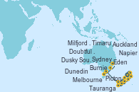 Visitando Auckland (Nueva Zelanda), Tauranga (Nueva Zelanda), Napier (Nueva Zelanda), Picton (Australia), Timaru (Nueva Zelanda), Dunedin (Nueva Zelanda), Milfjord Sound (Nueva Zelanda), Dusky Sound (Nueva Zelanda), Doubtful Sound (Nueva Zelanda), Melbourne (Australia), Melbourne (Australia), Burnie (Tasmania/Australia), Eden (Nueva Gales), Sydney (Australia)
