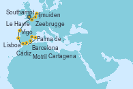 Visitando Southampton (Inglaterra), Ijmuiden (Ámsterdam), Zeebrugge (Bruselas), Le Havre (Francia), Vigo (España), Lisboa (Portugal), Cádiz (España), Motril (Granada/Andalucía), Cartagena (Murcia), Palma de Mallorca (España), Barcelona