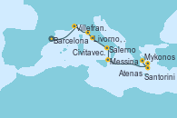 Visitando Barcelona, Villefranche (Niza/Mónaco/Francia), Livorno, Pisa y Florencia (Italia), Civitavecchia (Roma), Salerno (Italia), Messina (Sicilia), Mykonos (Grecia), Santorini (Grecia), Atenas (Grecia)