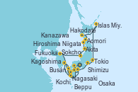 Visitando Osaka (Japón), Kochi (Japón), Sokcho (Corea del Sur), Kanazawa (Japón), Niigata (Japón), Akita (Japón), Aomori (Japón), Hakodate (Japón), Islas Miyako (Japón), Tokio (Japón), Shimizu (Japón), Kochi (Japón), Beppu (Japón), Hiroshima (Japón), Fukuoka (Japón), Busán (Corea del Sur), Nagasaki (Japón), Kagoshima (Japón), Osaka (Japón)