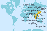 Visitando Singapur, Laem Chabang (Bangkok/Thailandia), Ko Kood (Tailandia), Sihanoukville (Camboya), Ciudad Ho Chi Minh (Vietnam), Ciudad Ho Chi Minh (Vietnam), Da Nang (Vietnam), Hanoi (Vietnam), Hong Kong (China), Keelung (Taiwán), Ishigaki (Japón), Kagoshima (Japón), Aburatsu (Japón), Kochi (Japón), Osaka (Japón), Osaka (Japón), TOBA, Shimizu (Japón), Tokio (Japón)
