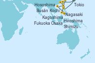 Visitando Tokio (Japón), Kochi (Japón), Hososhima (Japón), Kagoshima (Japón), Nagasaki (Japón), Busán (Corea del Sur), Fukuoka (Japón), Hiroshima (Japón), Osaka (Japón), Osaka (Japón), Shimizu (Japón), Tokio (Japón)