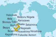 Visitando Tokio (Japón), Kochi (Japón), Hososhima (Japón), Kagoshima (Japón), Nagasaki (Japón), Busán (Corea del Sur), Fukuoka (Japón), Hiroshima (Japón), Osaka (Japón), Osaka (Japón), Shimizu (Japón), Tokio (Japón), Beppu (Japón), Busán (Corea del Sur), Sakaiminato (Japón), Maizuru (Japón), Kanazawa (Japón), Kanazawa (Japón), Niigata (Japón), Akita (Japón), Aomori (Japón), Hakodate (Japón), Tokio (Japón)