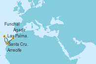 Visitando Santa Cruz de Tenerife (España), Arrecife (Lanzarote/España), Agadir (Marruecos), Las Palmas de Gran Canaria (España), Santa Cruz de la Palma (España), Funchal (Madeira), Santa Cruz de Tenerife (España)