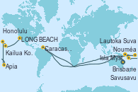 Visitando Brisbane (Australia), Caracas, Venezuela, Nouméa (Nueva Caledonia), Isla Mystery (Vanuatu), Lautoka (Fiyi), Suva (Fiyi), Savusavu (Islas Fidji), Apia (Samoa), Honolulu (Hawái), Kailua Kona (Hawai/EEUU), LONG BEACH