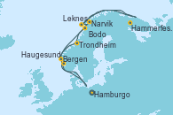 Visitando Hamburgo (Alemania), Bergen (Noruega), Narvik (Noruega), Hammerfest (Noruega), Hammerfest (Noruega), Leknes (Noruega), Bodo (Noruega), Trondheim (Noruega), Haugesund (Noruega), Hamburgo (Alemania)
