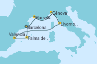 Visitando Barcelona, Marsella (Francia), Génova (Italia), Livorno, Pisa y Florencia (Italia), Valencia, Palma de Mallorca (España), Barcelona