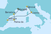Visitando Marsella (Francia), Génova (Italia), Livorno, Pisa y Florencia (Italia), Valencia, Palma de Mallorca (España), Barcelona, Marsella (Francia)