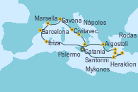 Visitando Catania (Sicilia), Heraklion (Creta), Rodas (Grecia), Santorini (Grecia), Mykonos (Grecia), Argostoli (Grecia), Ibiza (España), Barcelona, Marsella (Francia), Savona (Italia), Civitavecchia (Roma), Nápoles (Italia), Palermo (Italia)