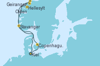 Visitando Kiel (Alemania), Copenhague (Dinamarca), Hellesylt (Noruega), Geiranger (Noruega), Olden (Noruega), Stavanger (Noruega), Kiel (Alemania)