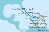 Visitando Fort Lauderdale (Florida/EEUU), Bonaire (Países Bajos), Aruba (Antillas), Curacao (Antillas), Fort Lauderdale (Florida/EEUU), Philipsburg (St. Maarten), Martinica (Antillas), Bridgetown (Barbados), Scarborough (Trinidad & Tobago), Castries (Santa Lucía/Caribe), San Cristóbal y Nieves, Cayo Hueso (Key West/Florida), Fort Lauderdale (Florida/EEUU)