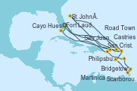 Visitando Fort Lauderdale (Florida/EEUU), Philipsburg (St. Maarten), Martinica (Antillas), Bridgetown (Barbados), Scarborough (Trinidad & Tobago), Castries (Santa Lucía/Caribe), San Cristóbal y Nieves, Cayo Hueso (Key West/Florida), Fort Lauderdale (Florida/EEUU), Philipsburg (St. Maarten), St. John´s (Antigua y Barbuda), Road Town (Isla Tórtola/Islas Vírgenes), San Juan (Puerto Rico), Fort Lauderdale (Florida/EEUU)
