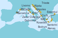 Visitando Barcelona, Marsella (Francia), Livorno, Pisa y Florencia (Italia), Civitavecchia (Roma), Nápoles (Italia), Corfú (Grecia), Dubrovnik (Croacia), Kotor (Montenegro), Zadar (Croacia), Trieste (Italia), Trieste (Italia), Rijeka (Croacia), Split (Croacia), Santorini (Grecia), Bodrum (Turquia), Kusadasi (Efeso/Turquía), Estambul (Turquía), Estambul (Turquía), Atenas (Grecia)