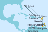 Visitando Bridgetown (Barbados), Kingstown (Granadinas), Saint George (Grenada), Castries (Santa Lucía/Caribe), Fuerte de France (Martinica), Pointe a Pitre (Guadalupe), Philipsburg (St. Maarten), St. John´s (Antigua y Barbuda), Basseterre (Antillas), Roseau (Dominica), Fuerte de France (Martinica), Pointe a Pitre (Guadalupe), Castries (Santa Lucía/Caribe), Bridgetown (Barbados)