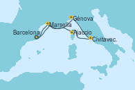 Visitando Barcelona, Marsella (Francia), Génova (Italia), Civitavecchia (Roma), Ajaccio (Córcega), Marsella (Francia), Barcelona