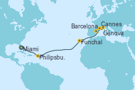 Visitando Miami (Florida/EEUU), Philipsburg (St. Maarten), Funchal (Madeira), Barcelona, Cannes (Francia), Génova (Italia)