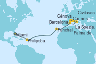 Visitando Miami (Florida/EEUU), Philipsburg (St. Maarten), Funchal (Madeira), Barcelona, Cannes (Francia), Génova (Italia), La Spezia, Florencia y Pisa (Italia), Civitavecchia (Roma), Palma de Mallorca (España)