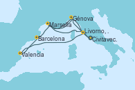 Visitando Civitavecchia (Roma), Génova (Italia), Marsella (Francia), Livorno, Pisa y Florencia (Italia), Valencia, Barcelona, Marsella (Francia), Génova (Italia), Livorno, Pisa y Florencia (Italia), Civitavecchia (Roma)