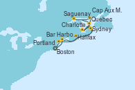 Visitando Boston (Massachusetts), Bar Harbor (Maine), Halifax (Canadá), Sydney (Nueva Escocia/Canadá), Charlottetown (Canadá), Quebec (Canadá), Saguenay (Canadá), Cap Aux Meules (Canadá), Charlottetown (Canadá), Portland (Maine/Estados Unidos), Boston (Massachusetts)