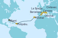 Visitando Miami (Florida/EEUU), Philipsburg (St. Maarten), Funchal (Madeira), Barcelona, Cannes (Francia), Génova (Italia), La Spezia, Florencia y Pisa (Italia), Civitavecchia (Roma)