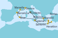 Visitando Civitavecchia (Roma), Catania (Sicilia), Heraklion (Creta), Rodas (Grecia), Santorini (Grecia), Mykonos (Grecia), Argostoli (Grecia), Ibiza (España), Barcelona, Marsella (Francia), Savona (Italia)