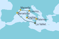 Visitando La Valletta (Malta), Barcelona, Marsella (Francia), Livorno, Pisa y Florencia (Italia), Cagliari (Cerdeña), Palermo (Italia), La Valletta (Malta)
