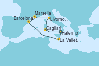 Visitando Palermo (Italia), La Valletta (Malta), Barcelona, Marsella (Francia), Livorno, Pisa y Florencia (Italia), Cagliari (Cerdeña), Palermo (Italia)