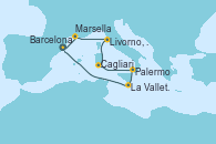 Visitando Barcelona, Marsella (Francia), Livorno, Pisa y Florencia (Italia), Cagliari (Cerdeña), Palermo (Italia), La Valletta (Malta), Barcelona