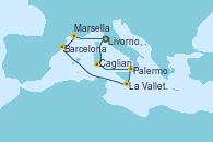 Visitando Livorno, Pisa y Florencia (Italia), Cagliari (Cerdeña), Palermo (Italia), La Valletta (Malta), Barcelona, Marsella (Francia), Livorno, Pisa y Florencia (Italia)
