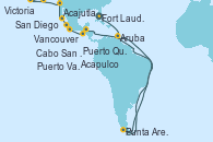 Visitando Fort Lauderdale (Florida/EEUU), Aruba (Antillas), Punta Arenas (Chile), Acajutla (El Salvador), Puerto Quetzal (Guatemala), Acapulco (México), Puerto Vallarta (México), Cabo San Lucas (México), San Diego (California/EEUU), Victoria (Canadá), Vancouver (Canadá)