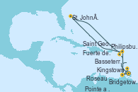 Visitando Bridgetown (Barbados), Saint George (Grenada), Kingstown (Granadinas), Fuerte de France (Martinica), Pointe a Pitre (Guadalupe), Philipsburg (St. Maarten), St. John´s (Antigua y Barbuda), Basseterre (Antillas), Roseau (Dominica), Fuerte de France (Martinica), Pointe a Pitre (Guadalupe), Bridgetown (Barbados)