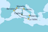 Visitando Cagliari (Cerdeña), Palermo (Italia), La Valletta (Malta), Barcelona, Marsella (Francia), Livorno, Pisa y Florencia (Italia), Cagliari (Cerdeña)