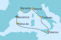 Visitando Barcelona, Palma de Mallorca (España), Palermo (Italia), Civitavecchia (Roma), Savona (Italia), Marsella (Francia)