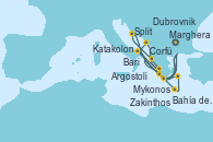 Visitando Marghera (Venecia/Italia), Bari (Italia), Bahía de Souda (Grecia), Mykonos (Grecia), Katakolon (Olimpia/Grecia), Marghera (Venecia/Italia), Bari (Italia), Dubrovnik (Croacia), Zakinthos (Grecia), Argostoli (Grecia), Corfú (Grecia), Split (Croacia), Marghera (Venecia/Italia)