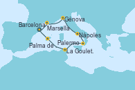 Visitando Barcelona, Marsella (Francia), Génova (Italia), Nápoles (Italia), Palermo (Italia), La Goulette (Tunez), Palma de Mallorca (España), Barcelona