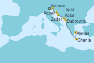 Visitando Venecia (Italia), Koper (Eslovenia), Zadar (Croacia), Split (Croacia), Dubrovnik (Croacia), Kotor (Montenegro), Chania (Creta/Grecia), Atenas (Grecia), Atenas (Grecia)