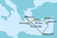 Visitando Atenas (Grecia), Alejandría (Egipto), Alejandría (Egipto), Limassol (Chipre), Antalya (Turquía), Antalya (Turquía), Rodas (Grecia), Cos (Grecia), AGIOS NIKOLAOS (CRET, Santorini (Grecia), Atenas (Grecia)