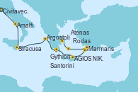 Visitando Civitavecchia (Roma), Amalfi (Italia), Siracusa (Sicilia), Argostoli (Grecia), Gythion (Grecia), AGIOS NIKOLAOS (CRET, Rodas (Grecia), Marmaris (Turquía), Santorini (Grecia), Atenas (Grecia)