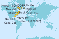 Visitando Reykjavik (Islandia), SONIDO PRÍNCIPE CRISTIANO, Nanortalik (Groenlandia), Qaqortoq, Greeland, Nuuk (Groenlandia), Saint John (New Brunswick/Canadá), Saint John (New Brunswick/Canadá), Halifax (Canadá), Lunenburg (Canadá), Portland (Maine/Estados Unidos), Boston (Massachusetts), Canal Cape Cod (Massachusetts/EEUU), Newport (Rhode Island), Nueva York (Estados Unidos)