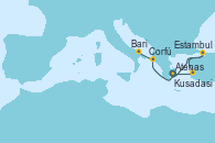 Visitando Atenas (Grecia), Kusadasi (Efeso/Turquía), Estambul (Turquía), Corfú (Grecia), Bari (Italia)