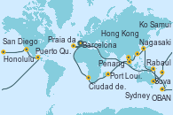 Visitando Barcelona, Lisboa (Portugal), Ponta Delgada (Azores), Praia da Vittoria (Azores), Nueva York (Estados Unidos), Nueva York (Estados Unidos), Fort Lauderdale (Florida/EEUU), Fort Lauderdale (Florida/EEUU), OBAN (HALFMOON BAY), Puerto Cristóbal (Panamá), Puntarenas (Costa Rica), Puerto Quetzal (Guatemala), Puerto Vallarta (México), Cabo San Lucas (México), San Diego (California/EEUU), Los Ángeles (California), Los Ángeles (California), San Francisco (California/EEUU), San Francisco (California/EEUU), Honolulu (Hawai), Ito (Hilo), Papeete (Tahití), Suva (Fiyi), Lifou (Isla Loyalty/Nueva Caledonia), Nouméa (Nueva Caledonia), Sydney (Australia), Sydney (Australia), Newcastle (Australia), Cairns (Australia), Rabaul (Papúa Nueva Guinea), Tokio (Japón), Tokio (Japón), Kobe (Japón), Nagasaki (Japón), Busán (Corea del Sur), Keelung (Taiwán), Hong Kong (China), Hong Kong (China), Nha Trang (Vietnam), Ciudad Ho Chi Minh (Vietnam), Ko Samui (Tailandia), Singapur, Port Klang (Malasia), Penang (Malasia), Colombo (Sri Lanka), Malé (Maldivas), Port Louis (Mauricio), Durban (Sudáfrica), Port Elizabeth (San Vicente y Granadinas), Ciudad del Cabo (Sudáfrica), Walvis Bay (Namibia), Mindelo (Cabo Verde), Las Palmas de Gran Canaria (España), Barcelona
