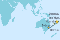 Visitando Sydney (Australia), Nouméa (Nueva Caledonia), Isla Mystery (Vanuatu), Denarau (Fiji), Dravuni (Fiji), Sydney (Australia)